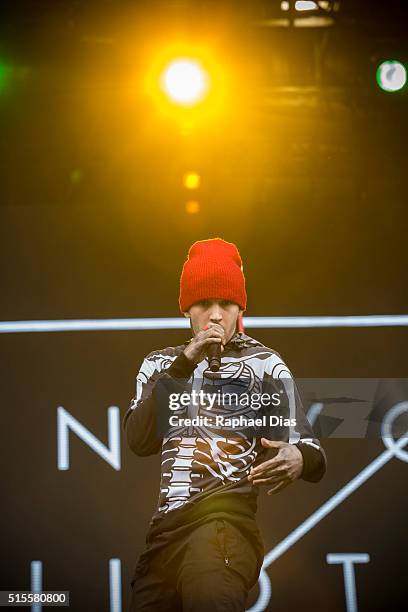 Tyler Joseph from Twenty One Pilots performs at 2016 Lollapalooza at Autodromo de Interlagos on March 13, 2016 in Sao Paulo, Brazil.