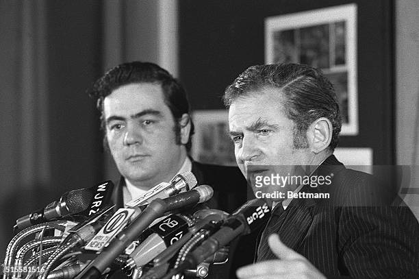 Norman Mailer announces his candidacy for Mayor of New York City as a Democrat. Beside him is Jimmy Breslin, who ran for City Council President on...