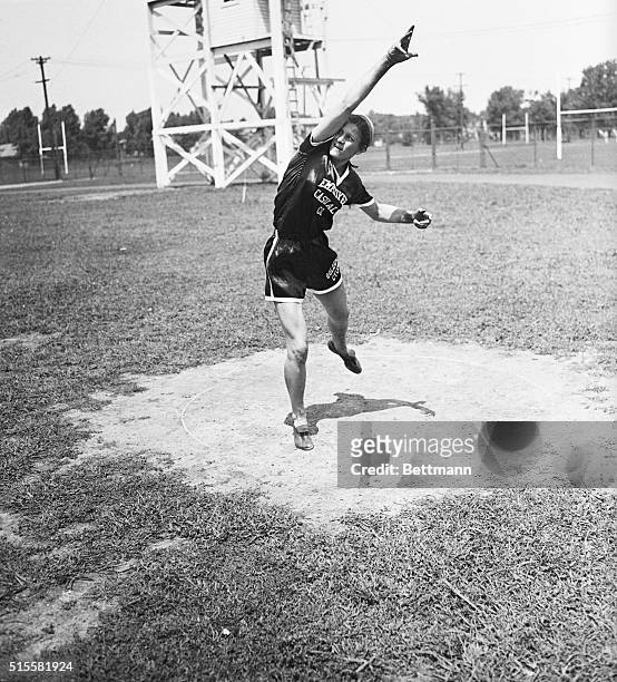 Evanston, Illinois: Mildred Didrikson of Dallas, Texas, 18-year-old star who won the Texas A.A.U. Meet single-handed, winning eight out of ten...