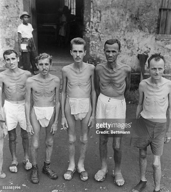 Manila, Philippines: Thinned to the point of emaciation by the niggardly rations given them of the Japs, and by long sieges of illness, liberated...