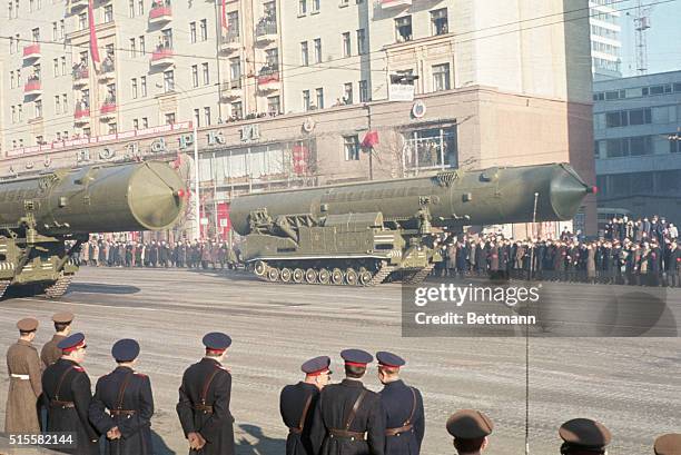 Mobile rocket launchers are part of the parade marking the 50th anniversary of the Bolshevik revolution.