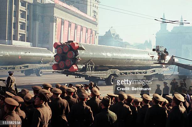 Moscow, USSR: Parade for the 50th anniversary of the Russian Revolution on Gorki Street. A new Soviet ICBM rolls through street during military...
