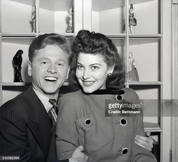 Youthful film star Mickey Rooney and Ava Gardner, an 18-year-old actress, are shown after announcing their engagement.