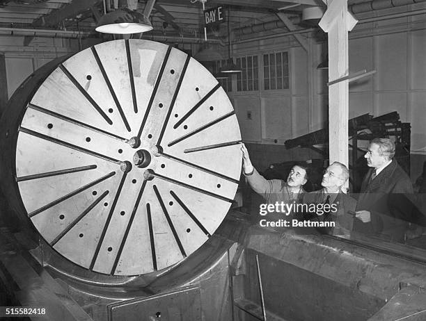 Brookhaven, NY:Shown looking over the vertical boring mill, used for making large metal parts of the Cyclotron and other atomic instruments, Feb. 28...