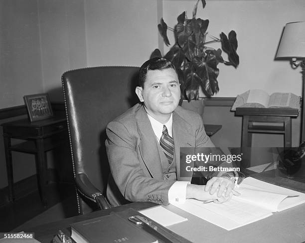 New York, NY: To Sentence Spies: Federal Judge Irving R. Kaufman sits at his desk at Federal Court, March 29, before sentencing Julius and Ethel...