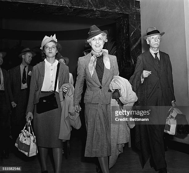 Baron Edouard de Rothschild, his wife, Baroness Germaine , and his daughter, Batsheva, arrive at La Guardia Field from France.