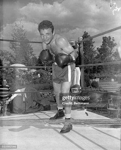 Kiamesha Lake, NY: World Middleweight Champ Jake La Motta works out in his training camp at Kiamehsa Lake. He will meet Rocky Graziano at the Polo...