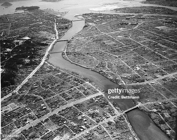 Hiroshima, Japan: Here is a reconnaissance view of the Japanese Army base at Hiroshima, which was the first enemy target to feel the devestating...