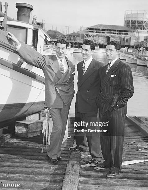 San Francisco, CA: The Dimaggio brothers, Joe of the N.Y. Yankees, Vince of the Philadelphia Phillies, and Dom of the Boston Red Sox, get together at...