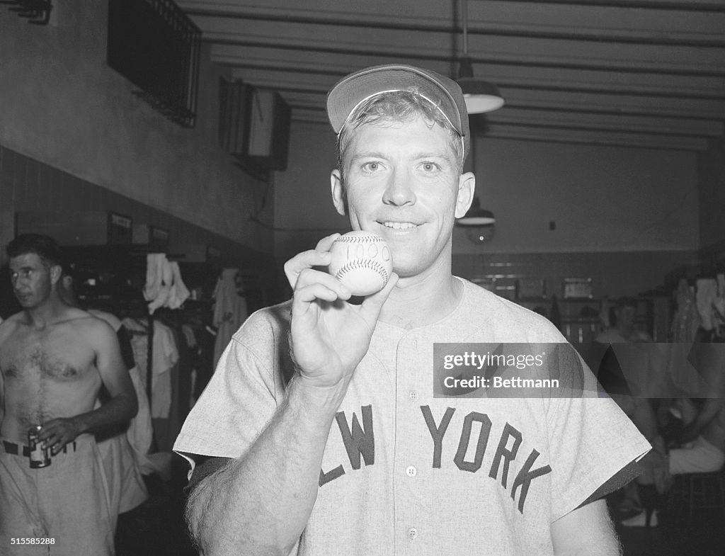 Mantle Holds Ball From 1000th Hit