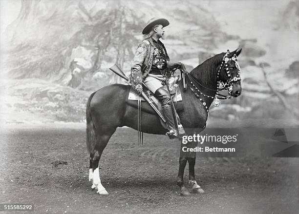 Buffalo Bill on the stage during a show. Undated photograph.