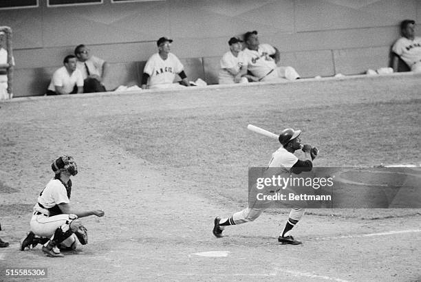 Anaheim, CA: Atlanta Braves' Hank Aaron, batting during an All-Star game at Anaheim Stadium.