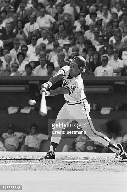 Kansas City, MO: Kansas City Royals slugger George Brett hits for a double on his first at bat in the first inning of the opening game of the...