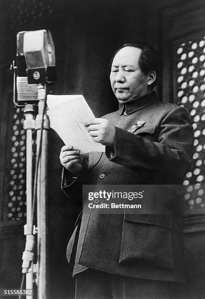 Tiananmen Square, China: Chairman Mao shown reading a proclamation of the founding of the People's Republic of China on the Tiananmen Gate rostrum.