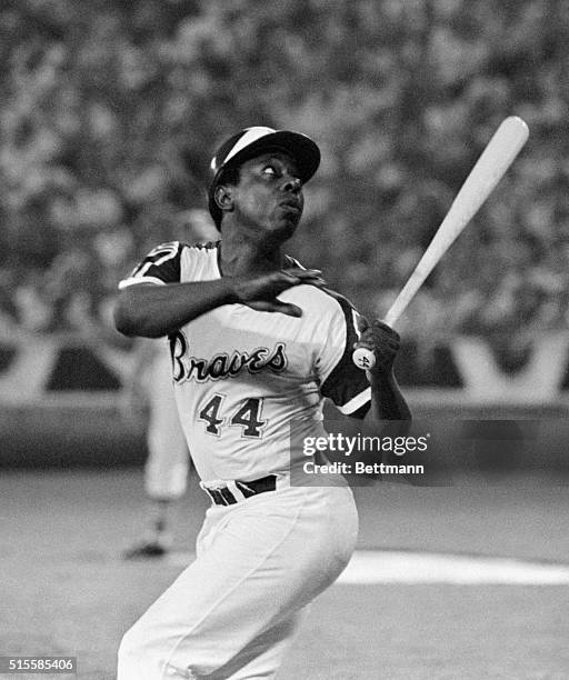 Atlanta, Georgia: Hank Aaron, Atlanta Braves, watches the ball land foul during the All-Star game. In the sixth inning, Aaron hit a two-run homer to...