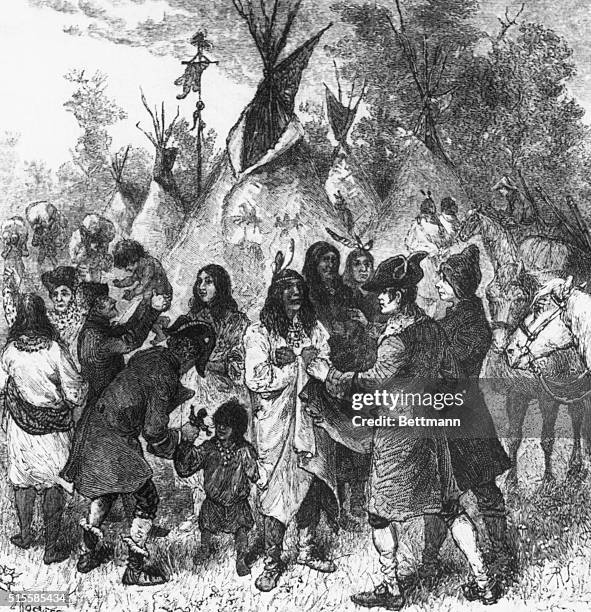 Lewis and Clark on expedition meet with Native Americans.