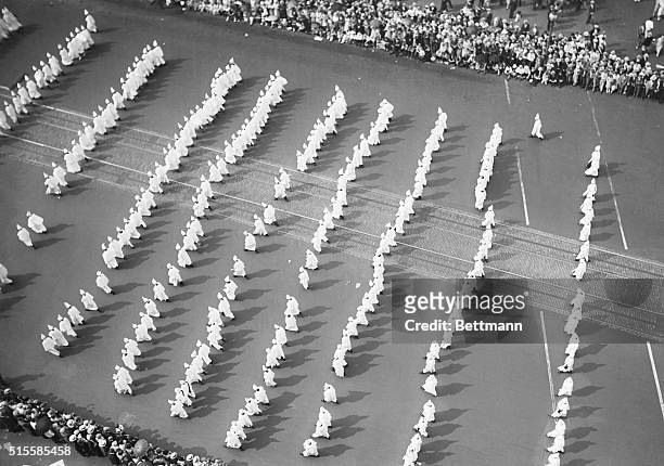Washington, D.C.: Overhead view of the Ku Klux Klan parade on Pennsylvania Avenue. Shows a group of women Klan members from New York State.