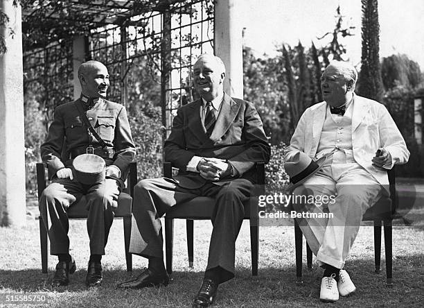 North Africa: Portrait of Marshal Chiang Kai-shek, President Roosevelt and Mr. Churchill, after completing a conference in North Africa which began...