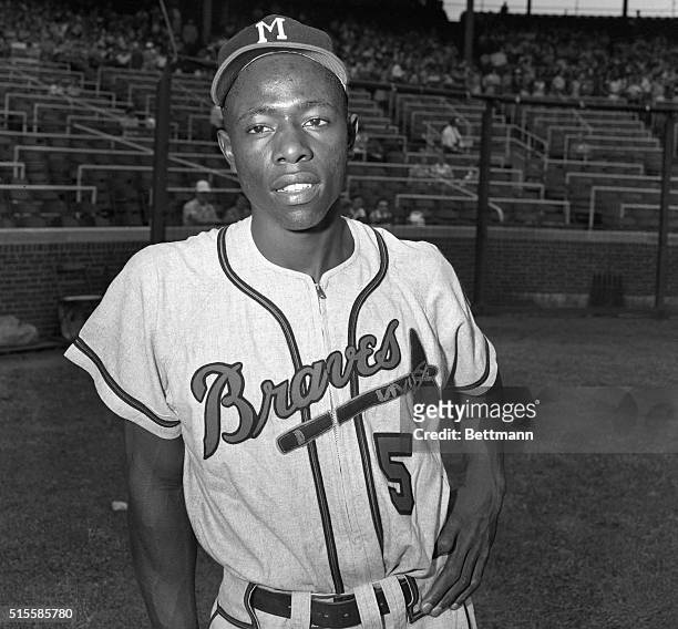 New York, NY: Clutch-hitting Hank Aaron of the Milwaukee Braves, shown here in an August, 1954 photo from files, was voted November 14th as the Most...