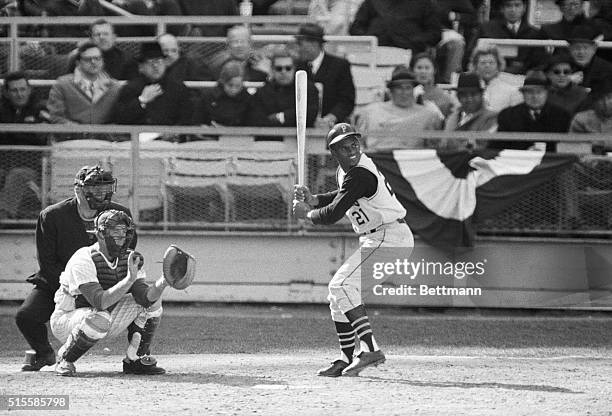 New York, NY: Roberto Clemente of the Pittsburgh Pirates, batting during a game in Shea Stadium against the Mets.