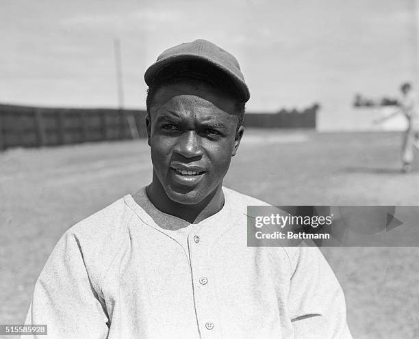 Shortstop Jackie Robinson, the first African American to play in white organized baseball, as a member of the minor league Montreal Royals.