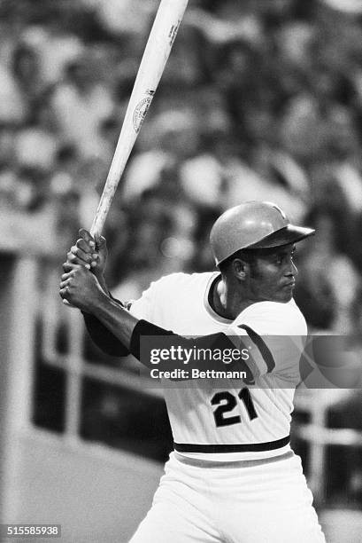 Pittsburgh Pirates player Roberto Clemente, closeup, at bat, in a game against the Montreal Expos.