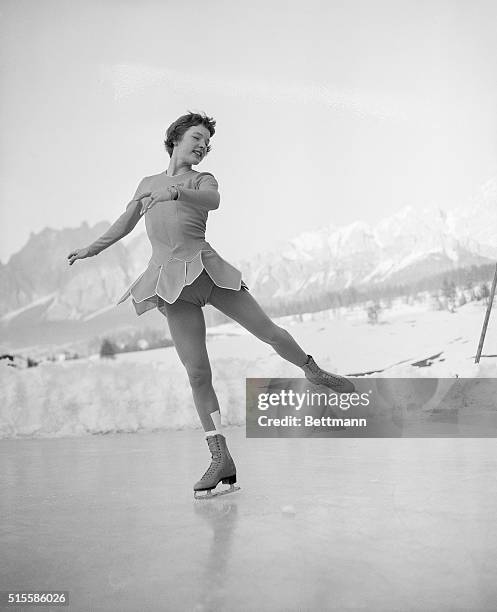 Cortina D'Ampezzo, Italy- Pretty American skater Tenley Albright displays her grace and her wonderful technique, during the free skating performance...