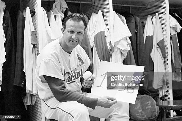 St. Louis, MO: Cards' record smashing ace outfielder Stan Musial tied Babe Ruth's extra base hit record of 1356, with a two-run double in the seventh...