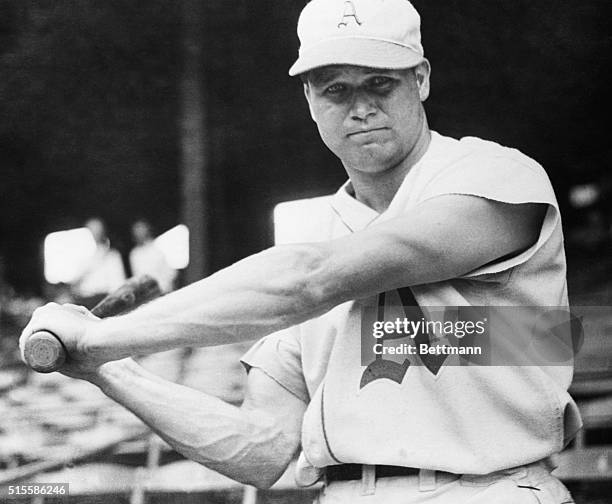 Waist-up shot of Philadelphia Athletics' Jimmy Foxx in batting stance.