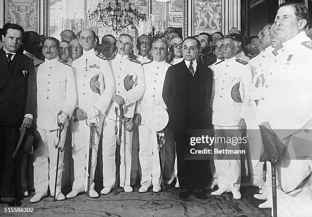 Rio de Janeiro, Brazil-Photo shows Dr. Getulio Vargas , surrounded by Brazilian admirals and generals, after assuming office as provisional President...
