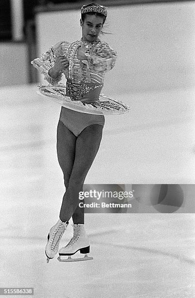 Sarajevo, Yugoslavia- East Germany's Katarina Witt, profiting from an error by American Rosalynn Sumners, took over the lead in the women's figure...