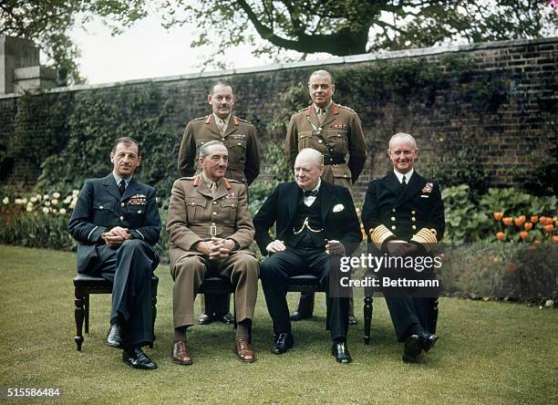 London, England: In the garden at 10 Downing Street, Seated : Marshal of the Royal Air Force Sir Charles Portal; Chief of Air Staff; Field Marshal...