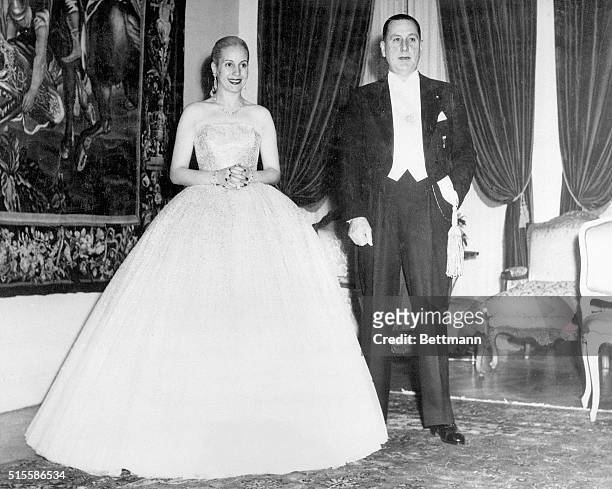 Picture shows Juan Peron , Argentine President and his wife, Evita. They are shown wearing black tie attire. Undated photo circa 1950s.