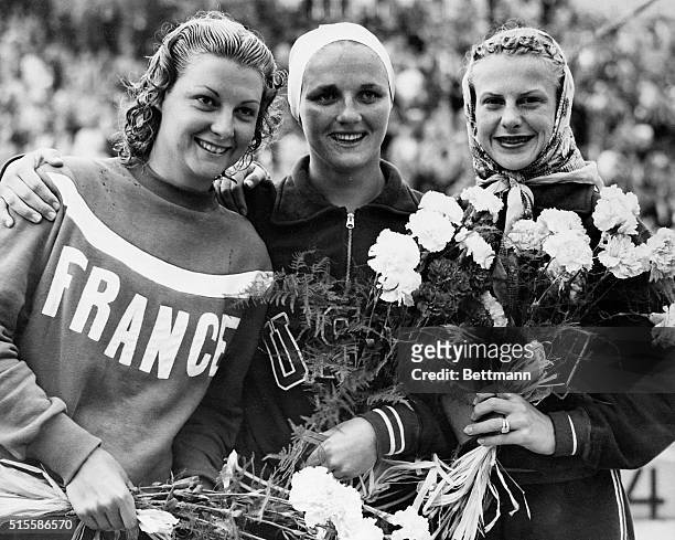 Helsinki, Finland- HELSINKI OLYMPICS- WINNERS OF LADIES SPRINGBOARD DIVING. The three winners of the ladies springboard diving event at the Olympic...