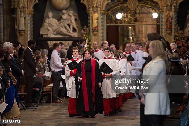 Choir boys during the annual Commonwealth Day service on Commonwealth Day on March 14, 2016 in Westminster Abbey, London. The service is the largest...