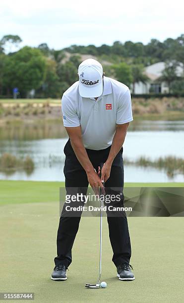 Adam Scott of Australia hits a 15 foot putt with a standard length putter and 'claw' grip at Old Palm Golf Club on March 7, 2016 in Palm Beach...
