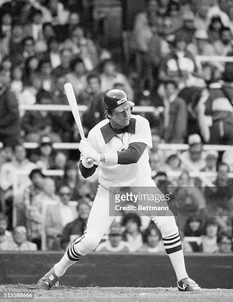 Carlton Fisk of the Chicago White Sox is shown batting against Oakland A's.
