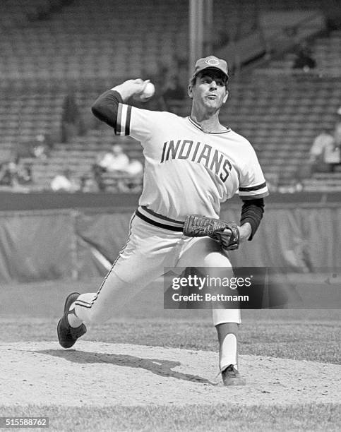 Gaylord Perry, Cleveland pitcher, in action in game with Baltimore Orioles.