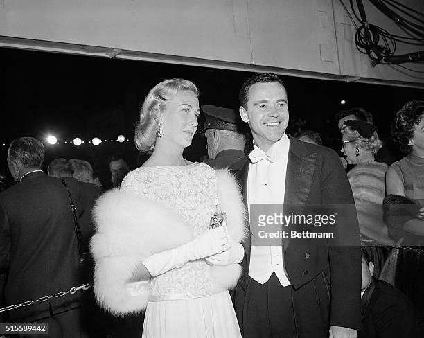 Hollywood, CA- Actor Jack Lemmon is shown with his attractive wife after he won an Oscar for his performance in "Mister Roberts". Lemmon was a...