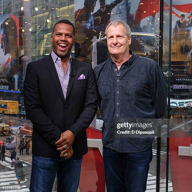 Calloway interviews Jeff Daniels during his visit to "Extra" at their New York studios at H&M in Times Square on March 14, 2016 in New York City.