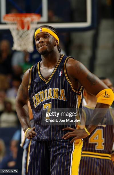 Jermaine O'Neal of the Indiana Pacers stands on the court during the game against the Memphis Grizzlies at FedEx Forum on October 16, 2004 in...