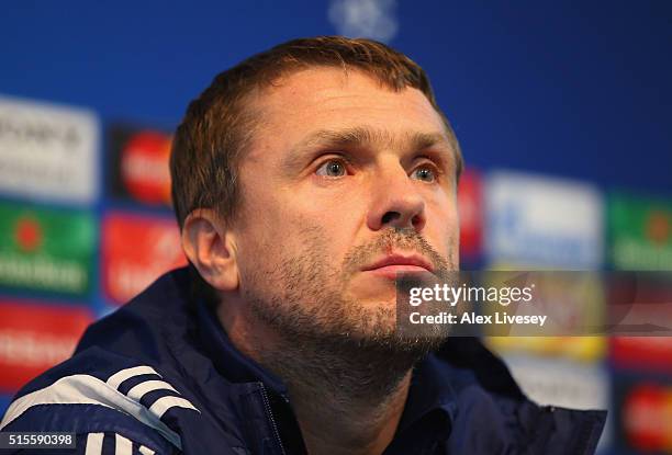 Serhiy Rebrov the coach of FC Dynamo Kyiv faces the media during a press conference at the Etihad Stadium on March 14, 2016 in Manchester, United...