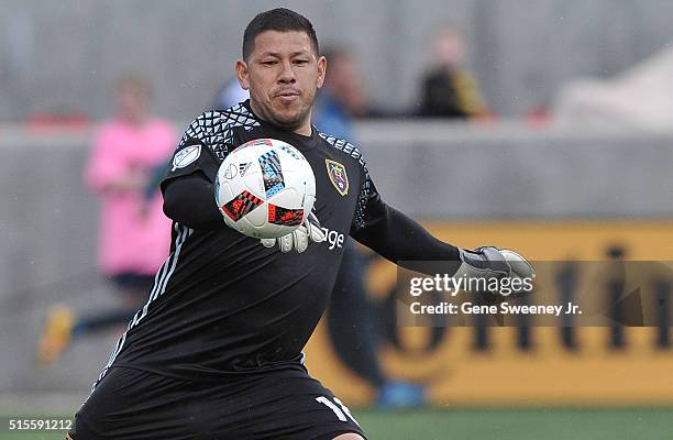 Goalie Nick Rimando of Real Salt Lake eyes the ball in the game against Seattle Sounders FC at Rio Tinto Stadium on March 12, 2016 in Sandy, Utah.