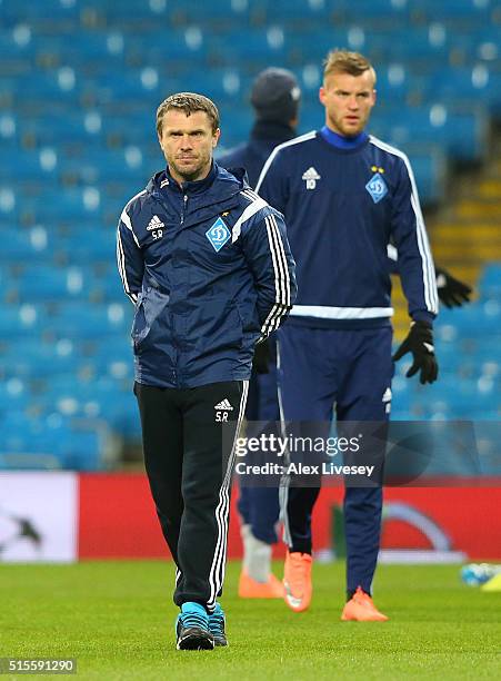 Serhiy Rebrov the coach of FC Dynamo Kyiv and Andriy Yarmolenko look on during a training session at the Etihad Stadium on March 14, 2016 in...