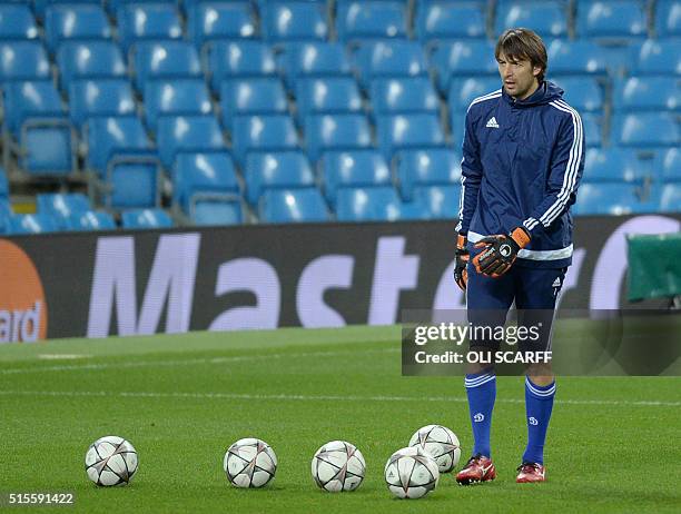 Dynamo Kiev's goalkeeper Oleksandr Shovkovskiy takes part in a training session at the Etihad Stadium in Manchester, north west England, on March 14,...
