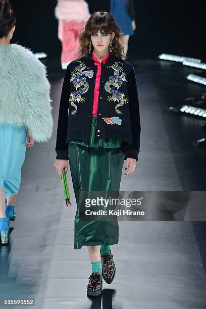 Model showcases designs on the runway during the KEITA MARUYAMA show as part of Mercedes Benz Fashion Week Tokyo A/W 2016/2017 at Shibuya Hikarie on...