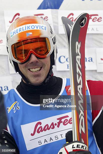 Stanley Hayer of Czechoslavakia celebrates his second place after the Men's FIS Freesstyle Skiing World Cup - Ski Cross Final October 25, 2004 in...