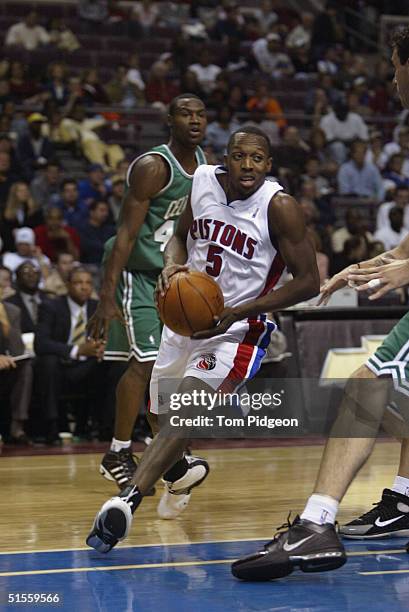 Horace Jenkins of the Detroit Pistons drives to the basket against the Boston Celtics during the preseason game at The Palace of Auburn Hills on...