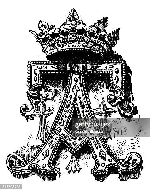antique illustration of ornate capital letter a - french_crown stock illustrations