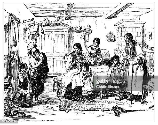 antique illustration of family with many children - grandma cane stock illustrations